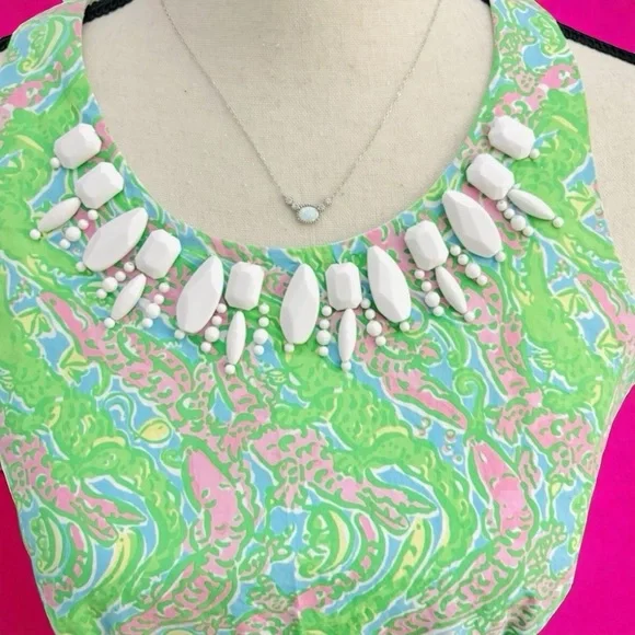 Lilly Pulitzer Pearl Shift Dress Chomp Chomp Alligator Print Green Pink Size 8 - Picture 4 of 6